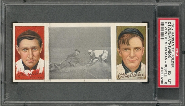 1912 T202 Hassan Triple Folders "Devlin Gets His Man - Rustlers" Devlin/Mathewson – PSA EX-MT 6 